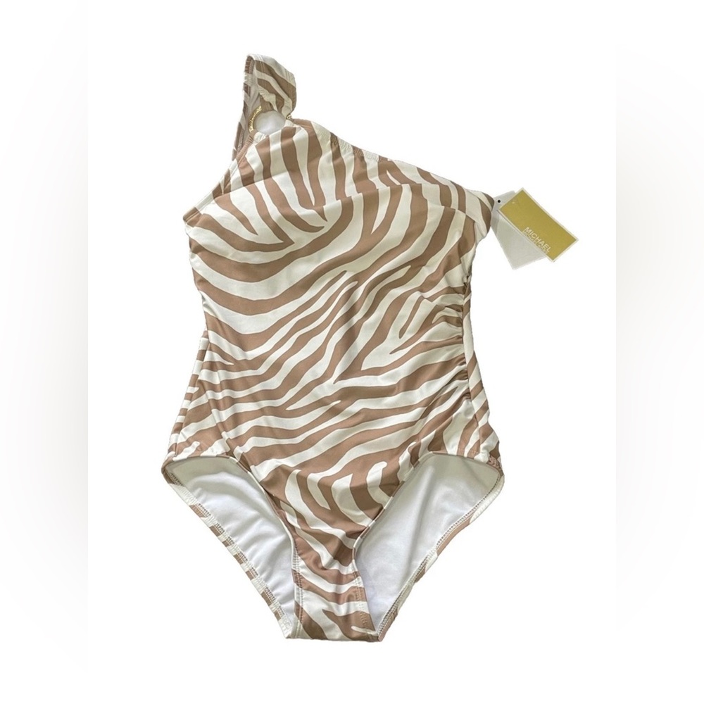 NWT Michael Kors Size 10 One-Shoulder Animal Print Zebra One Piece Swimsuit Logo